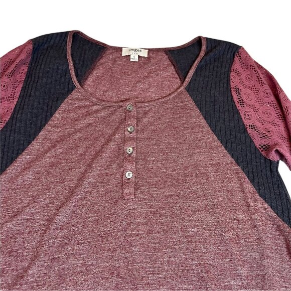 Umgee Shirt S Mixed Media Mauve Womens Sharkbite Lace‎ Sleeve Top Size Small - Picture 7 of 9